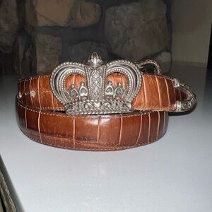 Brighton Vintage Silver Crown Buckle Mock Croc Brown Leather Waist Belt M/L